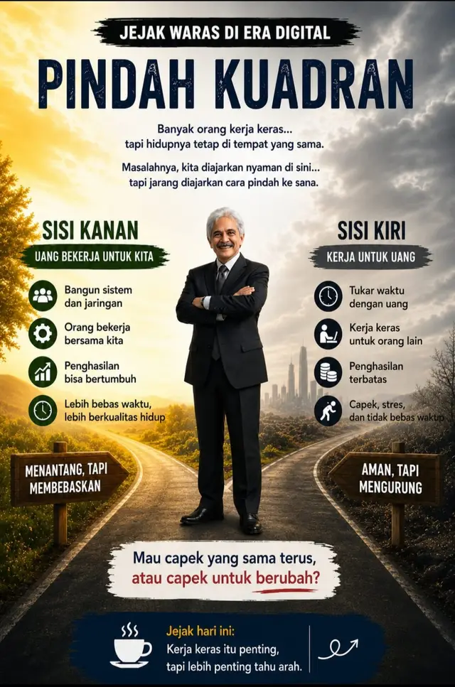 tiklocker_JEJAK WARAS DI ERA DIGITAL Banyak yang kerja keras... Tapi hidupnya tetap di tempat yang sama. Bukan kurang pintar. Kadang cuma karena masih di sisi kiri. Terinspirasi dari RICH DAD POOR DAD  KIRI ÷ kerja untuk uang KANAN ÷ Uang bekerja untuk kita Masalahnya   Kita selama ini diajarkan nyaman di kiri... Tapi jarang diajarkan cara pindah ke kanan. Jadi pertanyaannya sangat sederhana  Mau capek yang sama terus... Atau capek untuk berubah ! ☕Jejak hari ini  Kerja keras itu penting... Tapi lebih penting tau arah👣 Yuk belajar ke kuadran kanan  Segera DAFTAR, MILIKI & JALANKAN bisnis KINGSA (Accountable & Legal Company) dengan cara cerdas di era digital ini dengan AutoPilot Smart System, bisnis bersistem otomatisasi 24 jam sepanjang waktu tanpa butuh keterlibatan danatau kehadiran Anda secara langsung, namun potensi cuan tanpa batas, tetap berproduksi untuk Anda. INGAT !!!  Jangan pernah bergabung dengan Bisnis Jaringan Money Game, Ponzi, Piramyd, Binary danatau Points-Based, meskipun dengan packagecover dalil² agama_BULLSHIT KLIK sekarang👇  httpskingleader.netbisnis-kingsaref=KS0009532  mulai dari nol bareng sistemnya #peluangbisnis  #bisnisautopilot #bisnismodalmurah #penghasilantambahan #cuantanpabatas.mp4