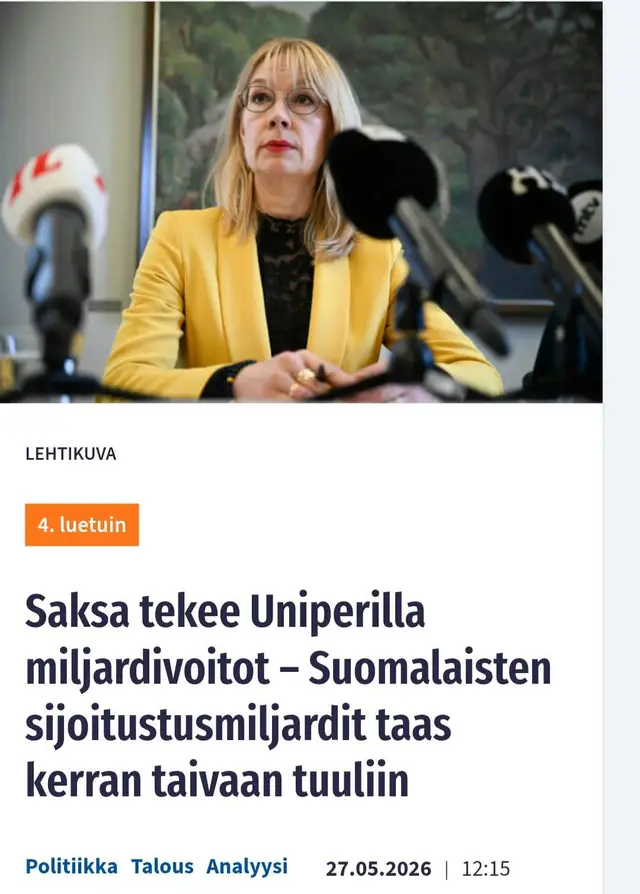 tiklocker_Uniper oli suomalaisten huijaamista alusta katkeraan loppuun asti. Näin arvioi Pauli Vahtera kriittisessä blogikirjoituksessaan sitä, miten suomalaiset onnistuivat tärväämään kirjoittajan laskujen mukaan 9 miljardia euroa Uniperiin, kun Saksa tekee Uniperista 12 miljardin euron voiton. Fortum on kysymyksiä herättävä malliesimerkki siitä, miten pörssilistatun valtionyhtiön valta ja vastuut eivät välttämättä kohtaa. Tämä on seurausta huonosta päätöksenteosta, josta vastuu kuuluu Marinin hallitukselle, erityisesti pääministeri Marinille ja ministeri Tuppuraiselle. httpswww.vahtera.blogpostsaksa-voittaa-uniperissa-12-miljardia-euroa-suomi-h%C3%A4visi-9-miljardia httpswww.kauppalehti.fiuutiseta256d01c1-0692-4c97-881d-e78b30a5c238.mp4